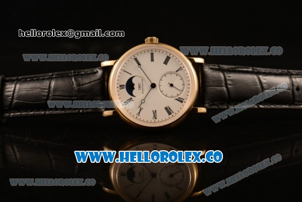 IWC Portofino Vintage Moonphase Asia 6497 Manual Winding Yellow Gold Case with White Dial and Black Leather Strap - (AAAF) - Click Image to Close