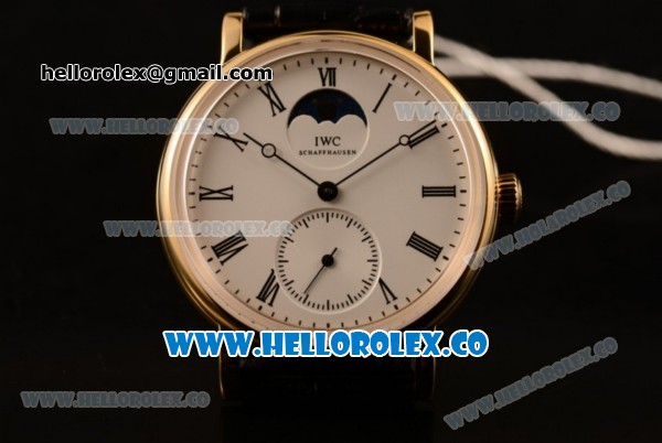 IWC Portofino Vintage Moonphase Asia 6497 Manual Winding Yellow Gold Case with White Dial and Black Leather Strap - (AAAF) - Click Image to Close