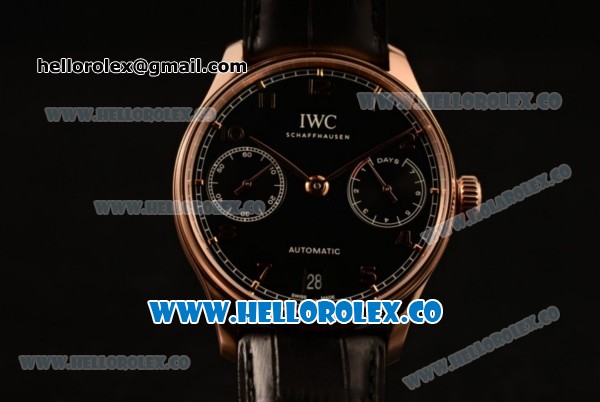 IWC Portuguese Automatic Clone IWC 52010 Automatic Rose Gold Case Black Dial and Black Leather Strap - (AAAF) - Click Image to Close