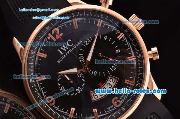 IWC Portuguese Chronograph Japanese Miyota OS20 Quartz Rose Gold Case with Black Rubber Strap and Black Dial - Click Image to Close