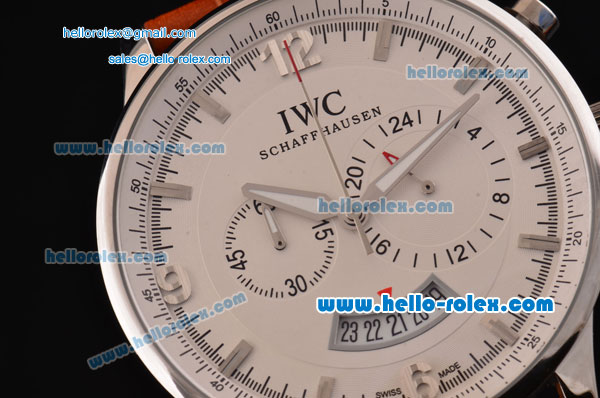 IWC Portuguese Chronograph Japanese Miyota OS20 Quartz Stainless Steel Case with Brown Leather Strap and Silver Markers White Dial - Click Image to Close