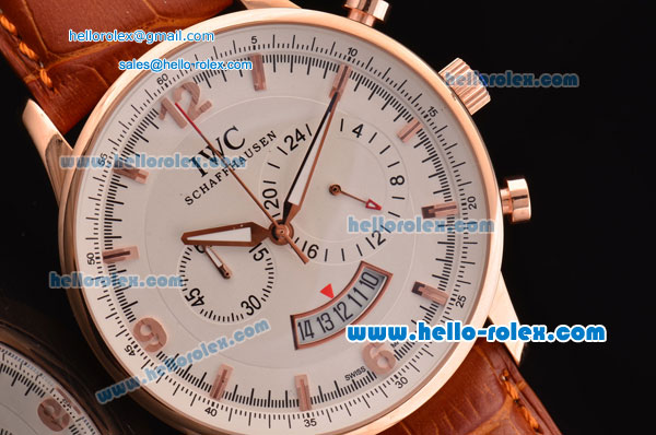 IWC Portuguese Chronograph Japanese Miyota OS20 Quartz Rose Gold Case with Brown Leather Strap and White Dial - Click Image to Close