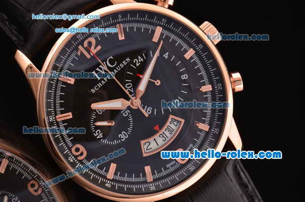 IWC Portuguese Chronograph Japanese Miyota OS20 Quartz Rose Gold Case with Black Leather Strap and Black Dial - Click Image to Close