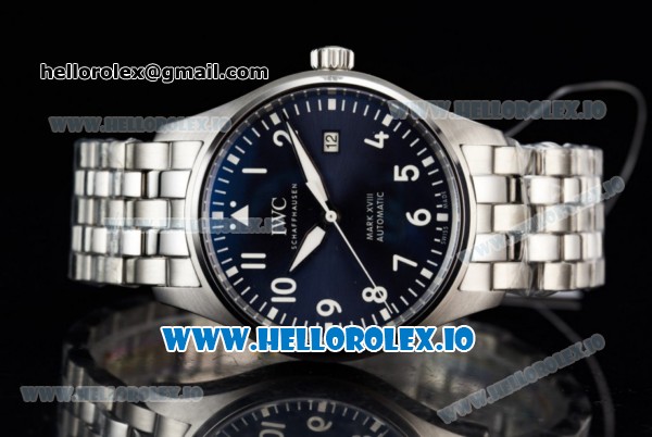 IWC Pilot's Watch Mark XVIII Miyota 9015 Automatic Steel Case Blue Dial With Arabic Numeral Markers Steel Bracelet - Click Image to Close