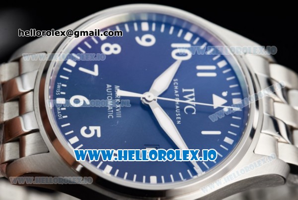 IWC Pilot's Watch Mark XVIII Miyota 9015 Automatic Steel Case Blue Dial With Arabic Numeral Markers Steel Bracelet - Click Image to Close