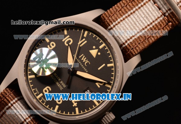 IWC Pilot's Watch Mark XVIII Miyota 9015 Automatic Steel Case Black Dial With Arabic Numeral Markers Brown Nylon Strap - Click Image to Close