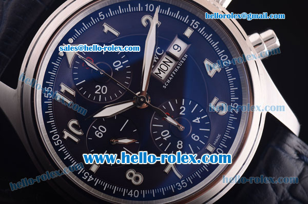 IWC Pilot Chronograph Swiss Valjoux 7750 Automatic Movement Steel Case with Blue Dial and Blue Leather Strap - Click Image to Close