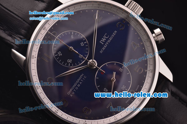 IWC Portuguese Chronograph Swiss Valjoux 7750 Automatic Steel Case with Blue Dial and Black Leather Strap - Click Image to Close