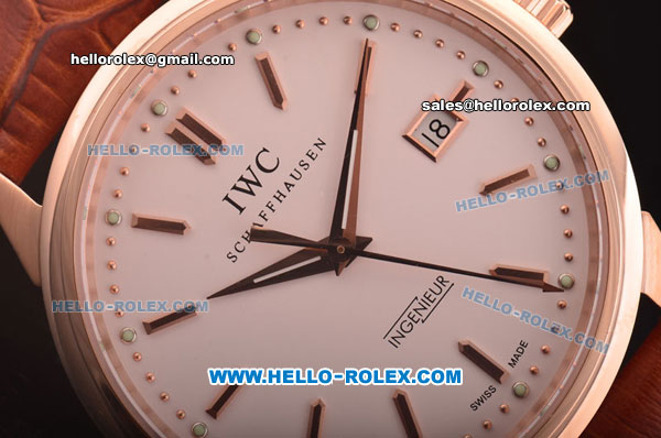 IWC Ingenieur Limited Edition Swiss ETA 2824 Automatic Rose Gold Case with White Dial and Brown Leather Strap - Click Image to Close