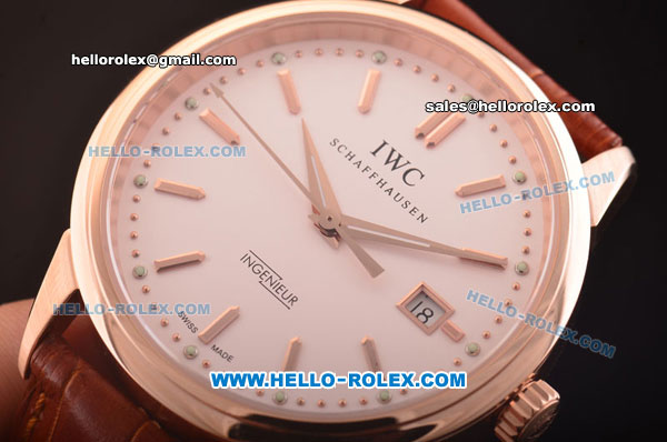 IWC Ingenieur Limited Edition Swiss ETA 2824 Automatic Rose Gold Case with White Dial and Brown Leather Strap - Click Image to Close