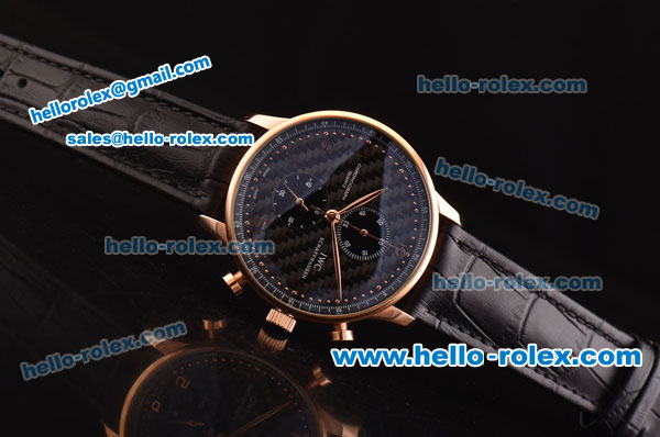 IWC Portuguese Chronograph Miyota Quartz Rose Gold Case with Black Carbon Fiber Dial and Black Leather Strap - Click Image to Close