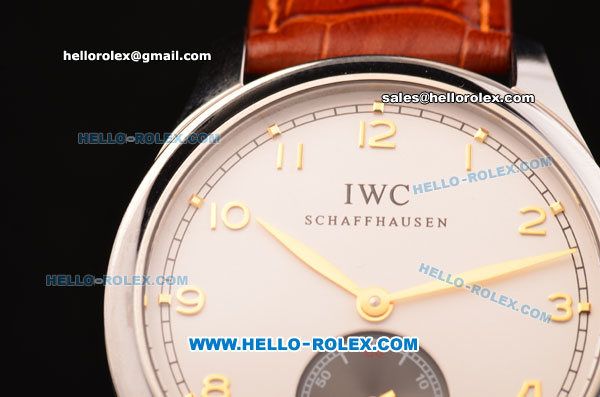 IWC Portuguese Swiss ETA 2836 Automatic Steel Case with White Dial and Gold Numeral Markers - Brown Leather Strap - Click Image to Close