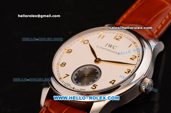 IWC Portuguese Swiss ETA 2836 Automatic Steel Case with White Dial and Gold Numeral Markers - Brown Leather Strap - Click Image to Close