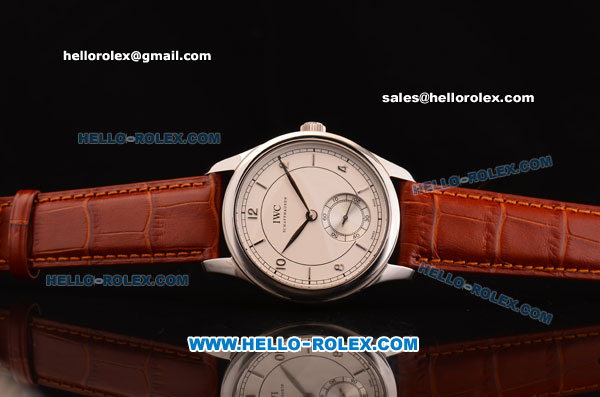 IWC Portuguese Vintage Swiss ETA 2836 Automatic Steel Case with White Dial - Numeral Markers and Brown Leather Strap - Click Image to Close