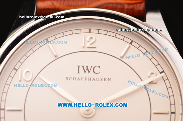 IWC Portuguese Vintage Swiss ETA 2836 Automatic Steel Case with White Dial - Numeral Markers and Brown Leather Strap - Click Image to Close