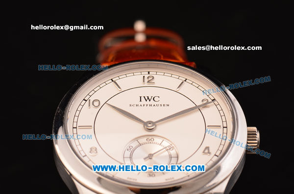 IWC Portuguese Vintage Swiss ETA 2836 Automatic Steel Case with White Dial - Numeral Markers and Brown Leather Strap - Click Image to Close