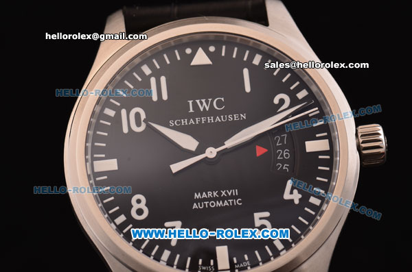 IWC Pilots Mark XVII Swiss ETA 2836 Automatic Steel Case with Black Dial and Black Leather Strap - Click Image to Close