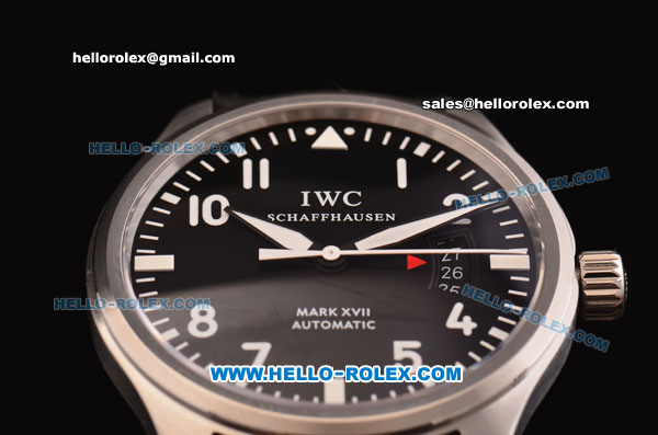 IWC Pilots Mark XVII Swiss ETA 2836 Automatic Steel Case with Black Dial and Black Leather Strap - Click Image to Close