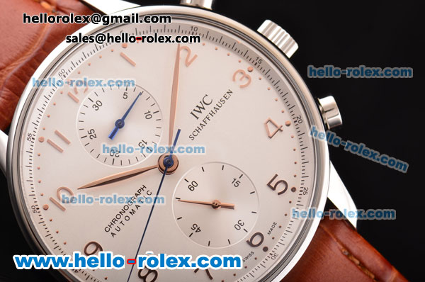IWC Portuguese Chrono Swiss Valjoux 7750-SHG Automatic Stainless Steel Case with Brown Leather Strap Numeral Markers and White Dial - Click Image to Close