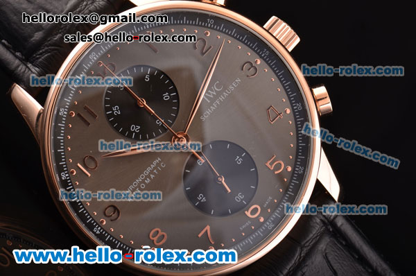 IWC Portuguese Chrono Swiss Valjoux 7750-SHG Automatic Rose Gold Case with Black Leather Strap and Grey Dial - Click Image to Close