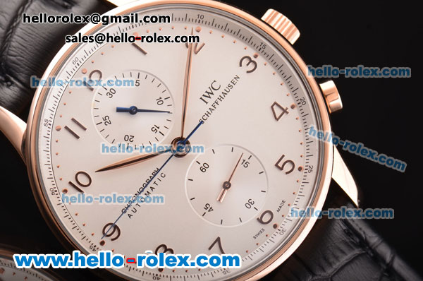 IWC Portuguese Chrono Swiss Valjoux 7750-SHG Automatic Rose Gold Case with Black Leather Strap and White Dial - Click Image to Close