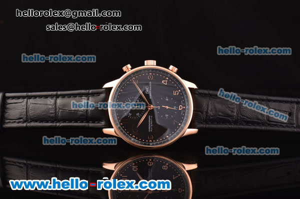 IWC Portuguese Chrono Swiss Valjoux 7750-SHG Automatic Rose Gold Case with Black Leather Strap and Black Dial - Click Image to Close