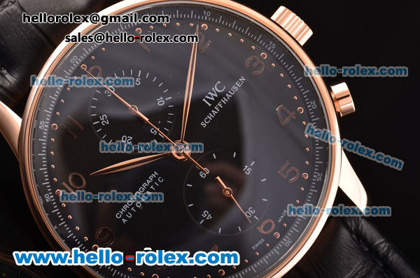 IWC Portuguese Chrono Swiss Valjoux 7750-SHG Automatic Rose Gold Case with Black Leather Strap and Black Dial - Click Image to Close