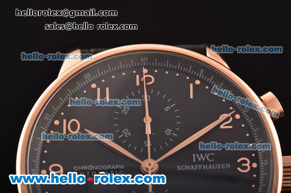 IWC Portuguese Chrono Swiss Valjoux 7750-SHG Automatic Rose Gold Case with Black Leather Strap and Black Dial - Click Image to Close