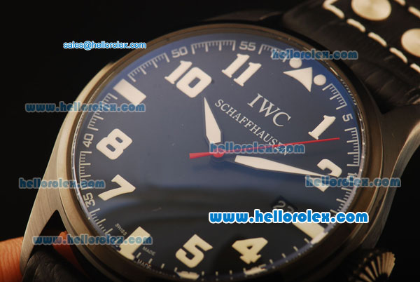 IWC Pilot Swiss Quartz PVD Case with Black Dial and Black Leather Strap-Red Second Hands - Click Image to Close