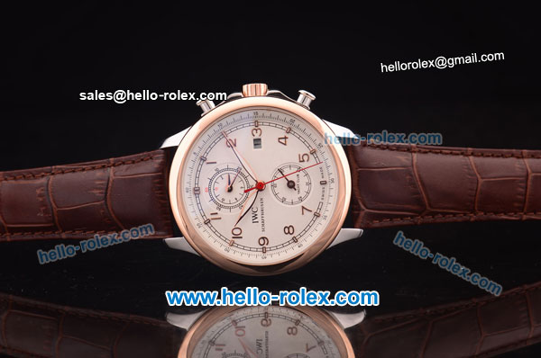 IWC Portuguese Automatic Steel Case with Rose Gold Bezel and White Dial-Brown Leather Strap - Click Image to Close