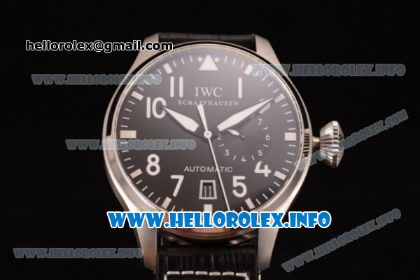 IWC Big Pilot's Watch Swiss Valjoux 7750 Automatic Steel Case with Black Dial Arabic Number Markers and Black Leather Strap - Click Image to Close