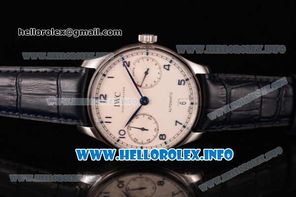 IWC Portuguese Power Reserve Clone IWC 52010 Automatic Steel Case with White Dial Arabic Number Markers and Blue Leather Strap - 1:1 Original (ZF) - Click Image to Close