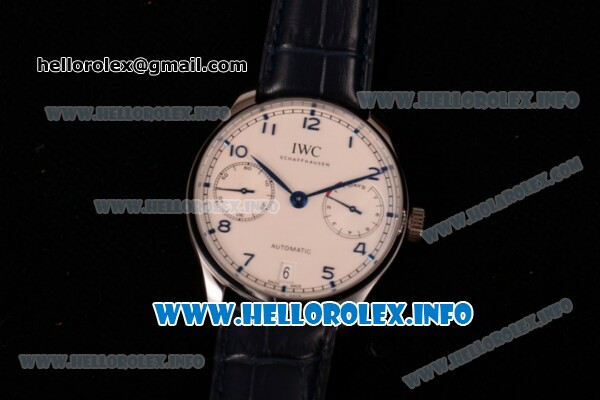 IWC Portuguese Power Reserve Clone IWC 52010 Automatic Steel Case with White Dial Arabic Number Markers and Blue Leather Strap - 1:1 Original (ZF) - Click Image to Close