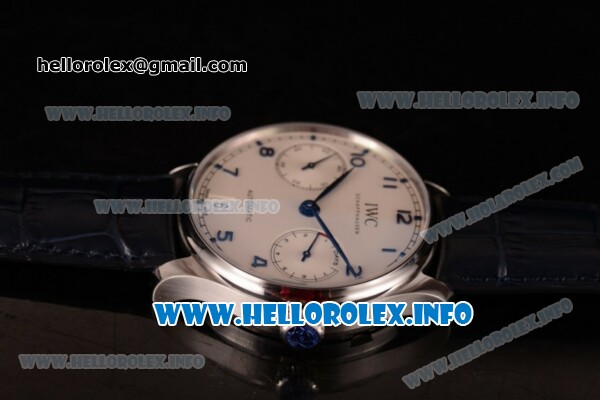 IWC Portuguese Power Reserve Clone IWC 52010 Automatic Steel Case with White Dial Arabic Number Markers and Blue Leather Strap - 1:1 Original (ZF) - Click Image to Close