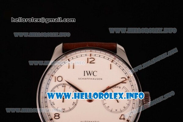 IWC Portuguese Power Reserve Clone IWC 52010 Automatic Steel Case with White Dial Arabic Number Markers and Brown Leather Strap - 1:1 Original (ZF) - Click Image to Close