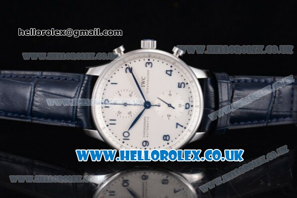 IWC Portuguese Chrono Swiss Valjoux 7750 Automatic Steel Case with White Dial Arabic Number Markers and Blue Leather Strap - Click Image to Close