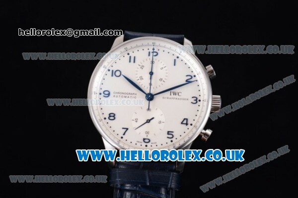 IWC Portuguese Chrono Swiss Valjoux 7750 Automatic Steel Case with White Dial Arabic Number Markers and Blue Leather Strap - Click Image to Close