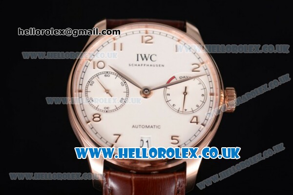 IWC Portuguese Clone IWC 52010 Automatic Rose Gold Case with White Dial Arabic Numeral Markers and Brown Leather Strap - 1:1 Original (ZF) - Click Image to Close