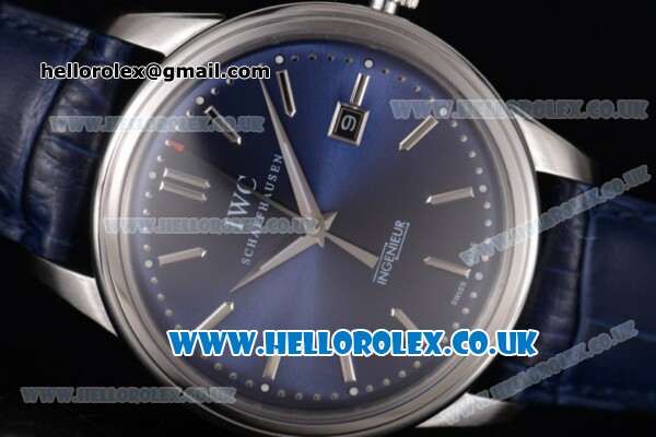 IWC Ingenieur Clone IWC 52010 Automatic Steel Case with Blue Dial Stick Markers and Blue Leather Strap - Click Image to Close