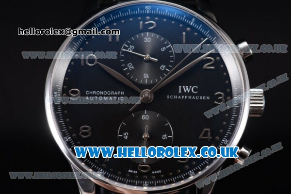 IWC Portuguese Chrono Swiss Valjoux 7750 Automatic Steel Case with Black Dial Arabic Number Markers and Black Leather Strap (ZF) - Click Image to Close