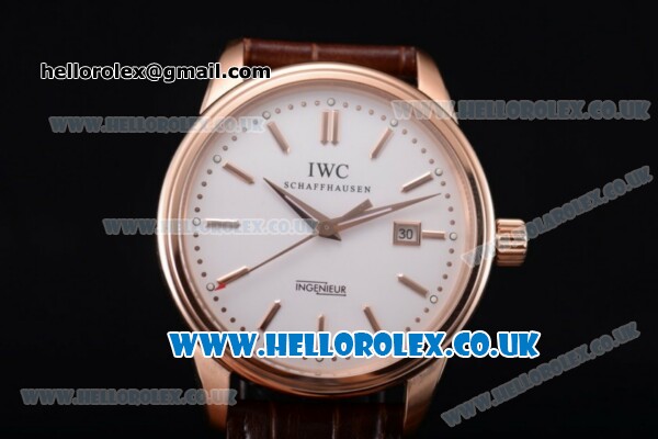 IWC Ingenieur Miyota 8205 Automatic Rose Gold Case with White Dial Stick Markers and Brown Leather Strap (YF) - Click Image to Close