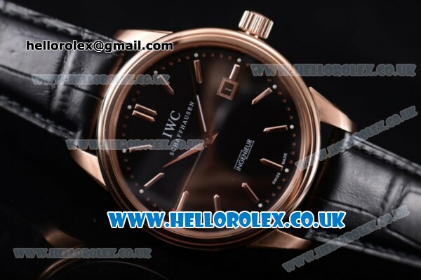 IWC Ingenieur Miyota 8205 Automatic Rose Gold Case with Black Dial Stick Markers and Black Leather Strap (YF) - Click Image to Close