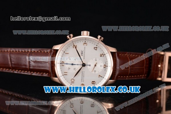 IWC Portuguese Chrono Swiss Valjoux 7750 Automatic Rose Gold Case with White Dial Arabic Number Markers and Brown Leather Strap (ZF) - Click Image to Close