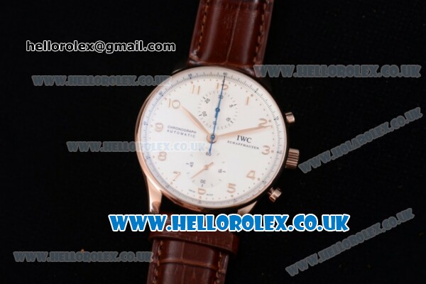IWC Portuguese Chrono Swiss Valjoux 7750 Automatic Rose Gold Case with White Dial Arabic Number Markers and Brown Leather Strap (ZF) - Click Image to Close