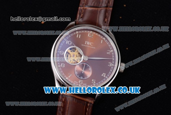IWC Portugueser Tourbillon Hand-Wound Asia 2813 Automatic Steel Case with Brown Dial Brown Leather Strap and Arabic Numeral Markers - Click Image to Close
