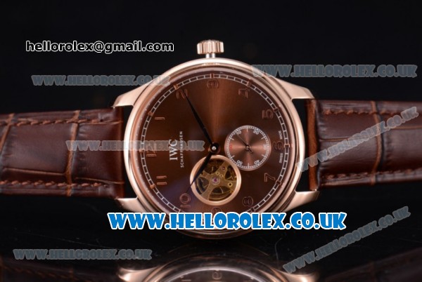 IWC Portugueser Tourbillon Hand-Wound Asia 2813 Automatic Rose Gold Case with Brown Dial Brown Leather Strap and Arabic Numeral Markers - Click Image to Close