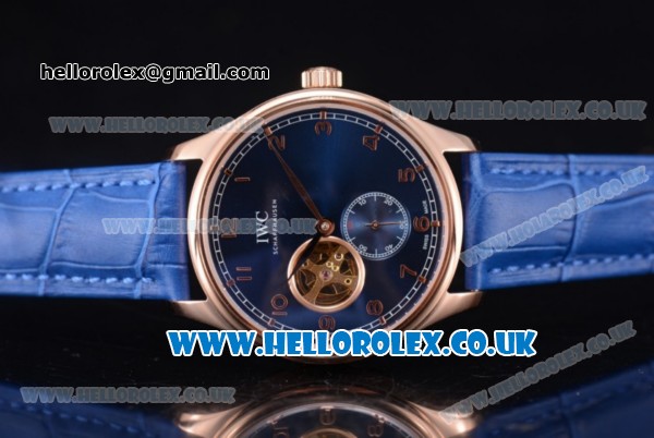 IWC Portugueser Tourbillon Hand-Wound Asia 2813 Automatic Rose Gold Case with Blue Dial Blue Leather Strap and Arabic Numeral Markers - Click Image to Close