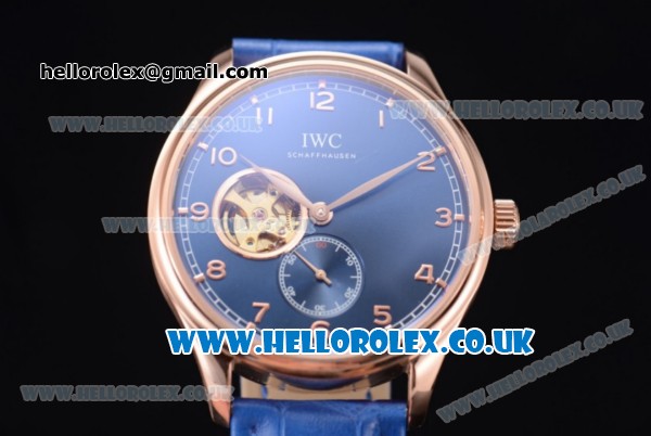IWC Portugueser Tourbillon Hand-Wound Asia 2813 Automatic Rose Gold Case with Blue Dial Blue Leather Strap and Arabic Numeral Markers - Click Image to Close
