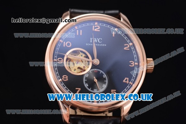 IWC Portugueser Tourbillon Hand-Wound Asia 2813 Automatic Rose Gold Case with Black Dial Black Leather Strap and Arabic Numeral Markers - Click Image to Close