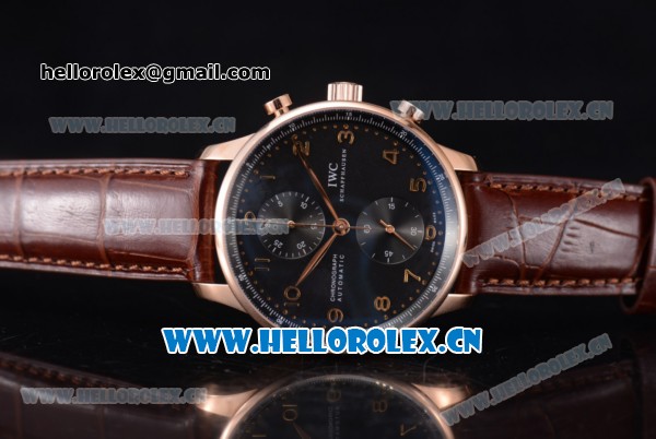 IWC Portugieser Chronograph Swiss Valjoux 7750 Automatic Rose Gold Case with Black Dial Arabic Number Markers and Brown Leather Strap - Click Image to Close